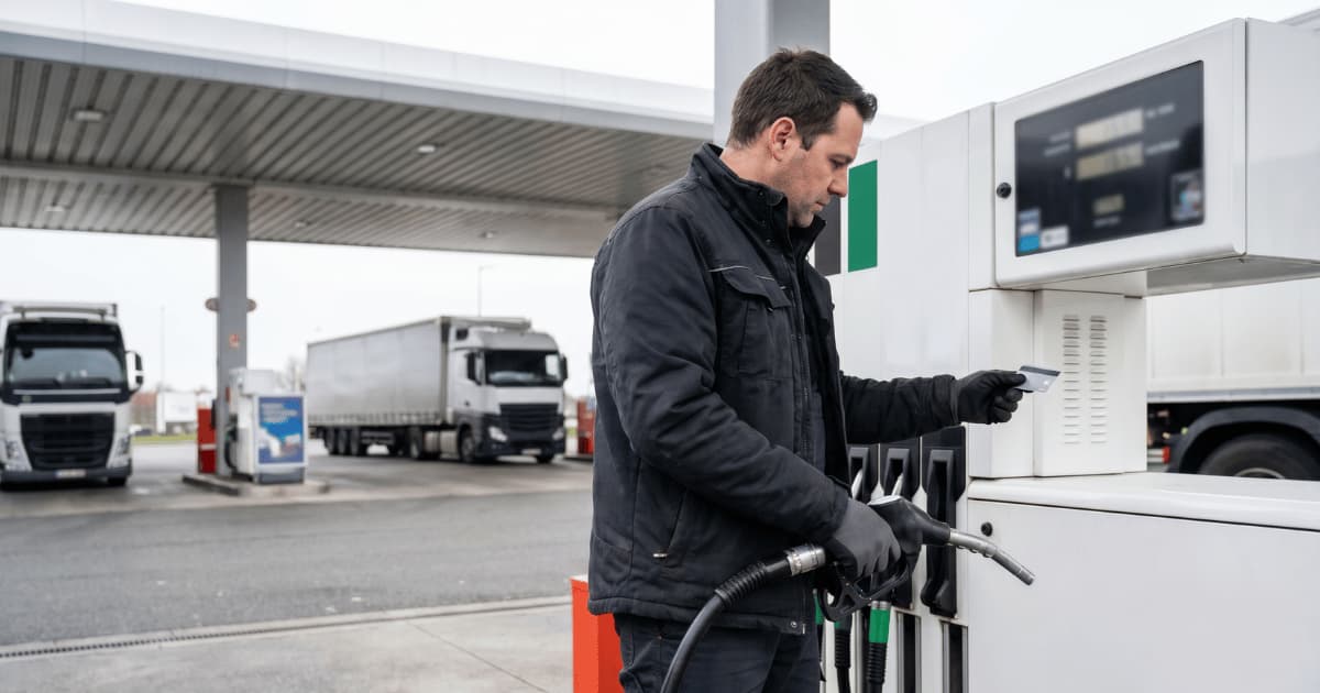 Vrachtwagenchauffeur tankt een witte semi-truck bij een Belgisch tankstation en houdt een tankkaart vast bij de pomp.
