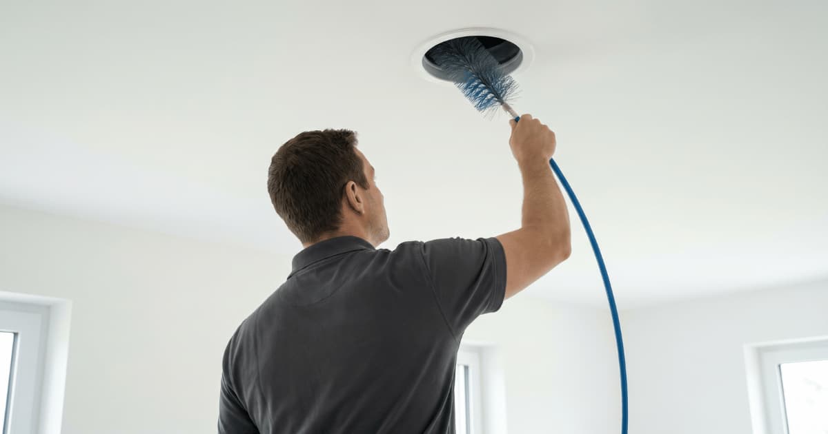 Een technicus in een donkergrijs poloshirt reikt van onderaf met één hand omhoog en duwt een blauwe flexibele stang met roterende borstelkop in een ronde ventilatieopening in het witte plafond van een lichte ruimte.