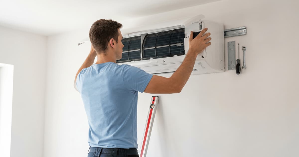 Technicus in lichtblauw t-shirt plaatst met beide handen een witte airco-binnenunit op een metalen muurbeugel terwijl het frontpaneel geopend de interne lamellen toont en een waterpas tegen de unit rust.
