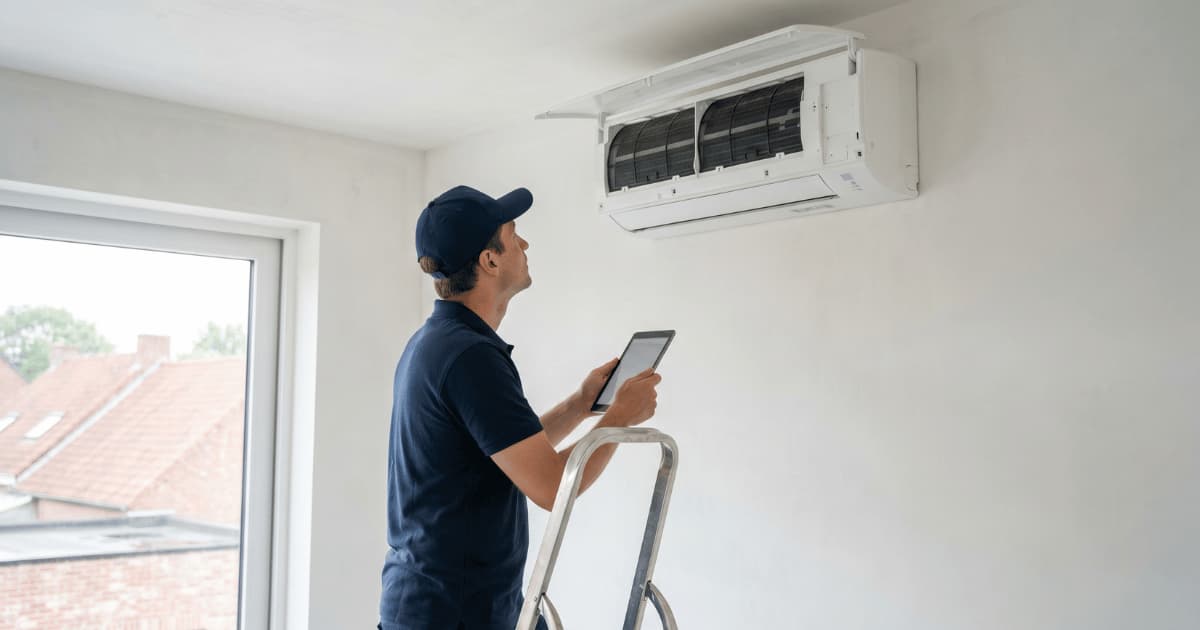 Een technicus in donkerblauw poloshirt en pet staat op een aluminium trapladder en houdt een tablet vast terwijl hij omhoogkijkt naar een witte airco binnenunit waarvan het frontpaneel openstaat en de donkere filters zichtbaar zijn, met rode pannendaken zichtbaar door het raam op de achtergrond.
