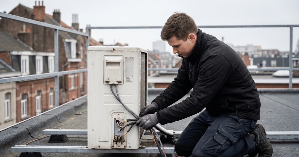 Een technicus in zwart werkpak knielt op een plat dak om koelleidingen en bekabeling aan te sluiten op een airco-buitenunit, terwijl op de achtergrond Belgische bakstenen rijwoningen zichtbaar zijn.