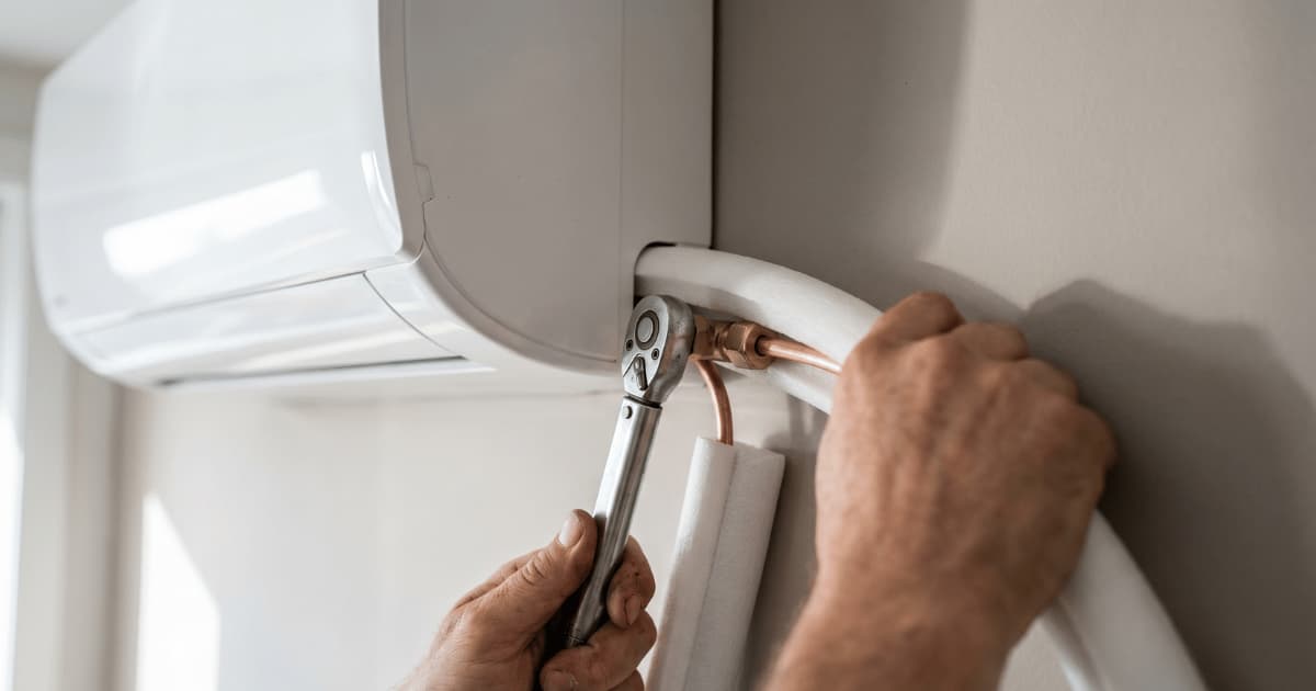 Close-up van twee handen die met een moersleutel koperen koelleidingen aansluiten op de achterzijde van een witte airco-binnenunit aan een lichtgrijze muur, met geïsoleerde leidingen zichtbaar langs de wand.