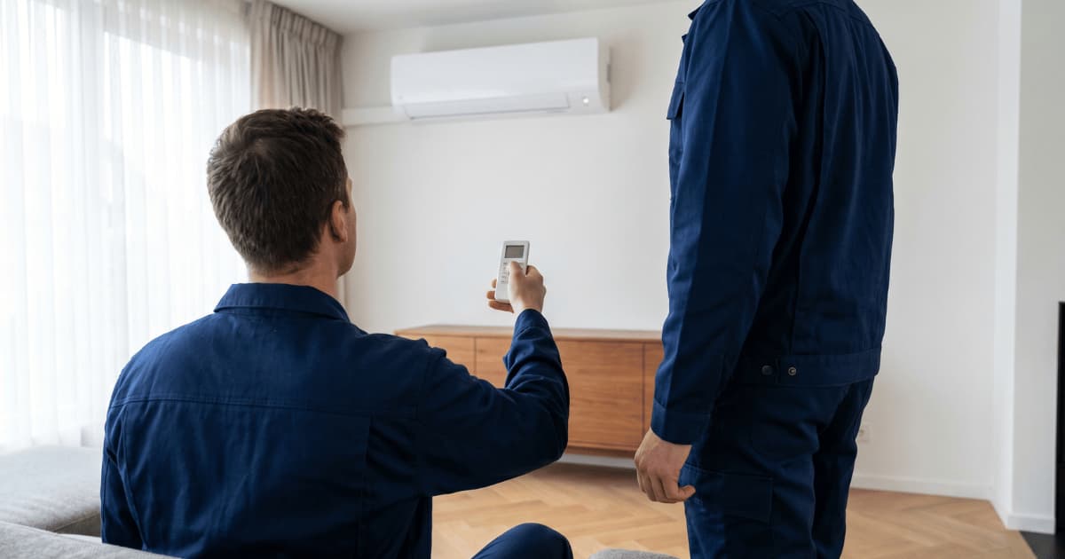 Een technicus in donkerblauwe werkkleding test vanuit de bank met een afstandsbediening de pas gemonteerde witte airco-binnenunit boven het houten dressoir terwijl zijn collega naast hem toekijkt.