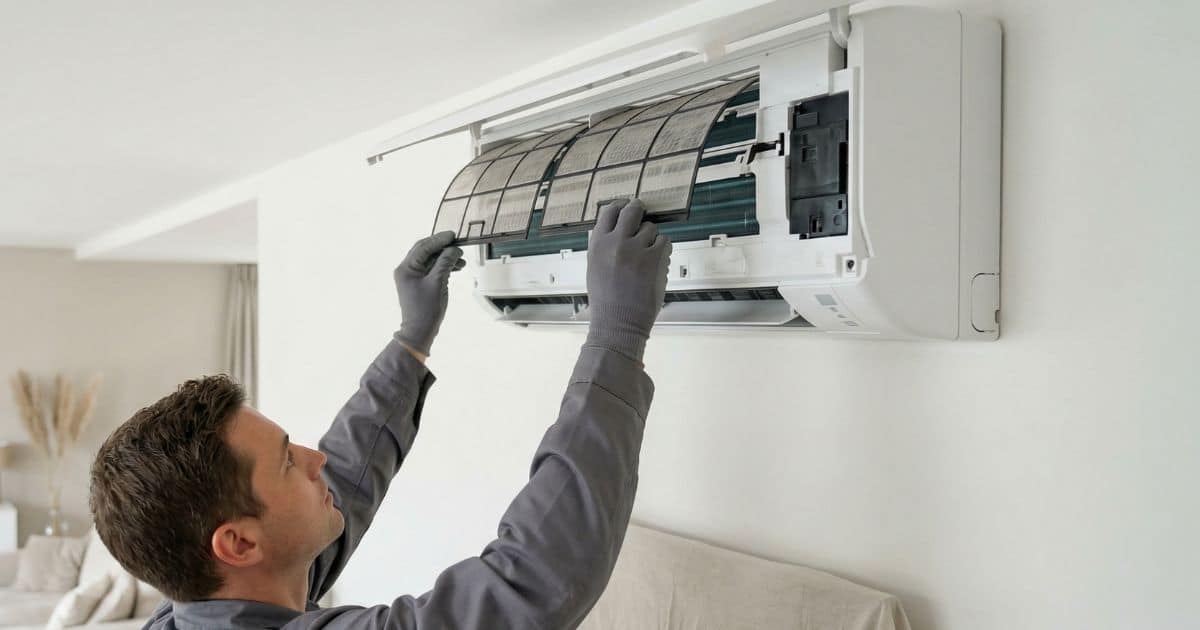 Technicus verwijdert stoffilters uit een split airco binnenunit tijdens onderhoudsbeurt in een woonkamer