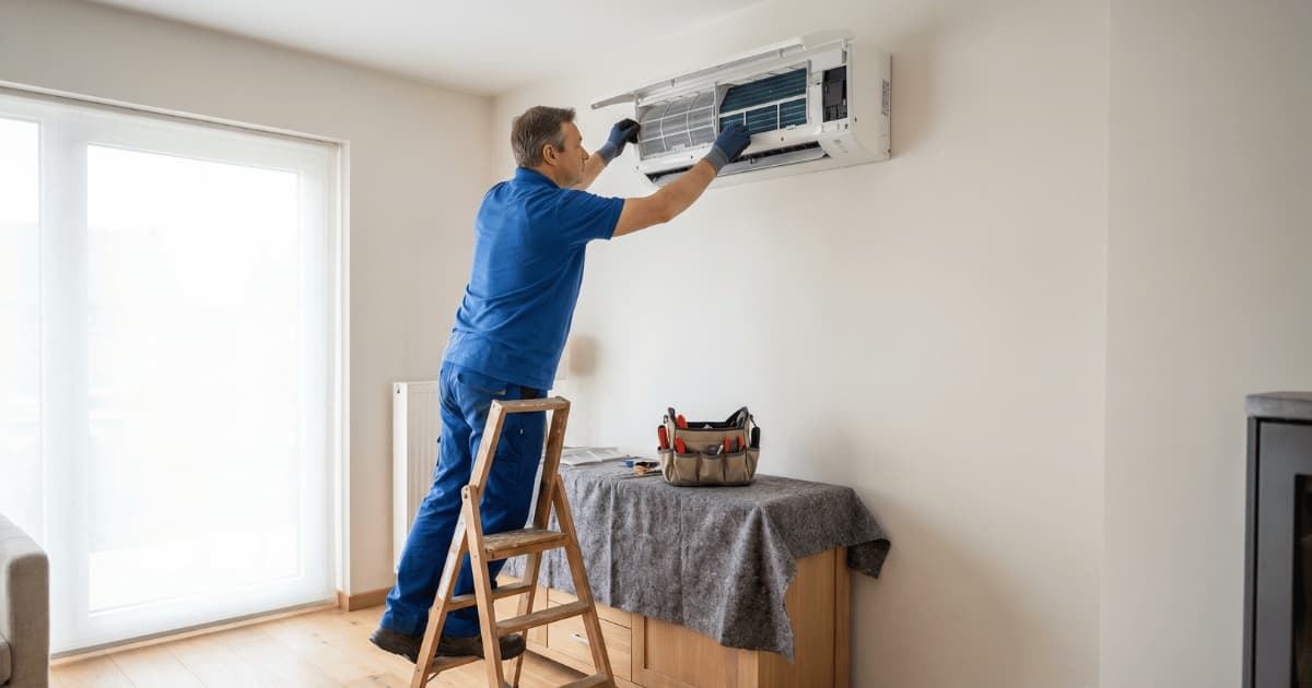 Een technicus in blauw werkpak staat op een houten trapladder en verwijdert het filterpaneel uit een geopende witte airco-binnenunit aan de muur, met een gereedschapstas op een met doek afgedekt dressoir ernaast in een lichte woonkamer met houten vloer.