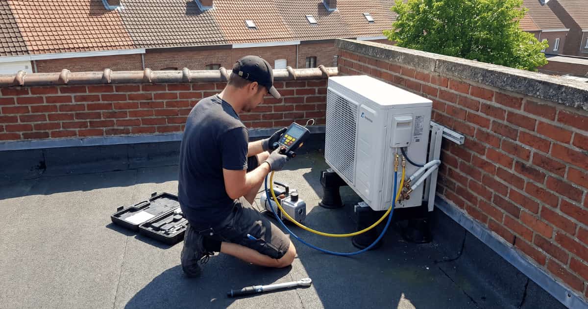 Een technicus met een zwarte pet knielt op een plat dak met donkere dakbedekking naast een witte airco-buitenunit tegen een rode bakstenen borstwering en leest een digitale manometerset af terwijl gele en blauwe slangen via een vacuümpomp naar de serviceaansluitingen van de unit lopen met een momentsleutel en een open gereedschapskoffer naast hem op het dakoppervlak en Belgische pannendaken met groene boomkruinen op de achtergrond.