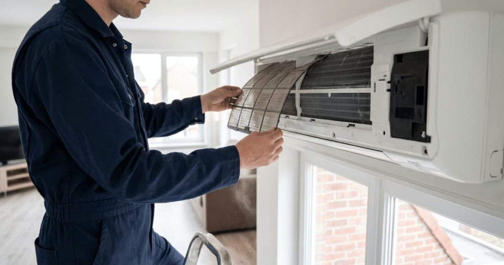 Een technieker in donkerblauwe overall staat op een trapje en trekt met beide handen een stoffig filter uit een geopende witte airco-binnenunit terwijl door het grote raam een rode bakstenen gevel zichtbaar is in het daglicht.