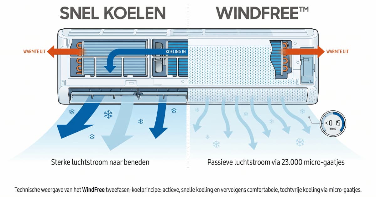 Technische doorsnede van een wandunit airco die het tweefasen-koelprincipe toont, met links de snelle koelstand met open lamellen en krachtige neerwaartse luchtstroom en rechts de WindFree-stand waarbij koele lucht passief via 23.000 microgaatjes in het voorpaneel de ruimte instroomt bij een luchtsnelheid onder 0,15 m/s.