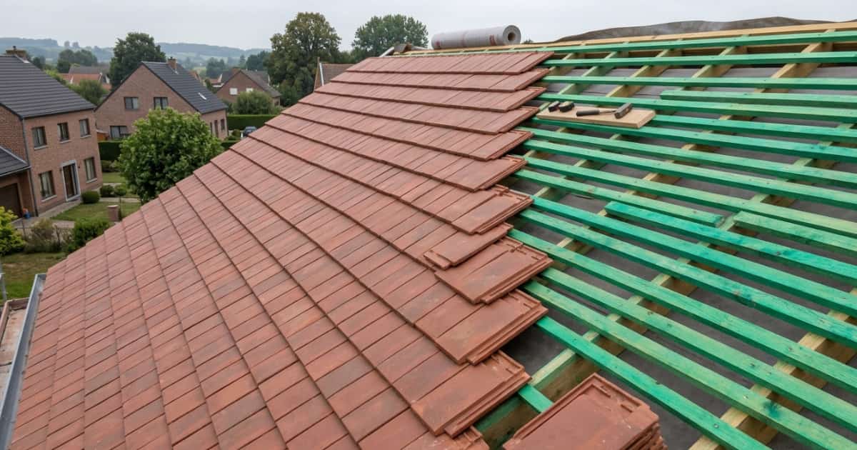 Een hellend dak in aanbouw toont links vers gelegde roodbruine tegelpannen in overlappende rijen en rechts felgroene houten panlatten die wachten op bekleding.