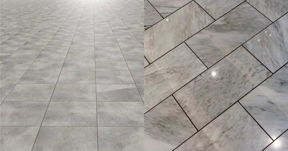 Links: een vloer met vierkante tegels in volsteensverband. Rechts: een natuurstenen vloer met langwerpige tegels in halfsteensverband.