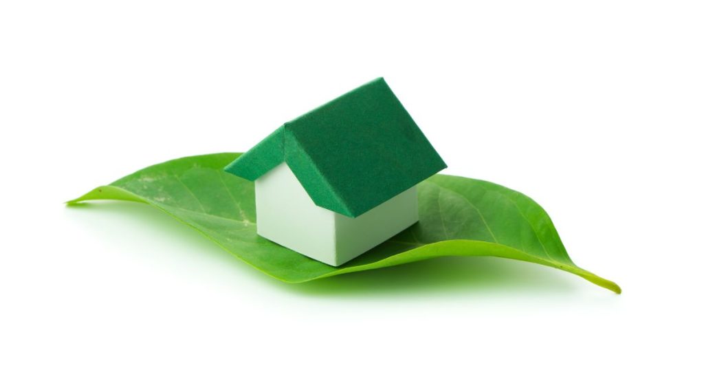 Een kleine groene woning op een fris groen blaadje, boven een witte ondergrond.