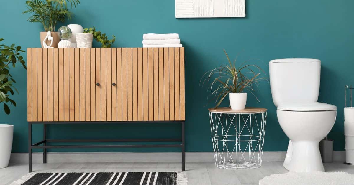 Een toilet met een wand in groen-blauwe tinten: de kleur vormt een mooi geheel met de rest van de meubels en andere decoratie.