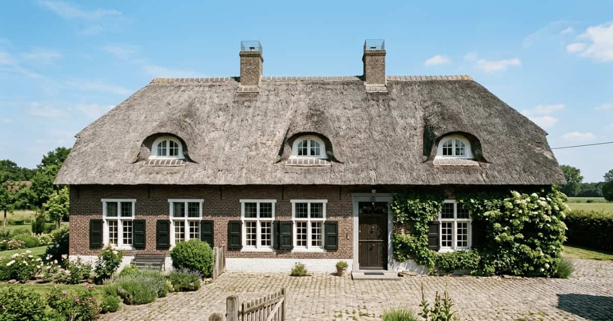 Een traditionele boerderij met een groot verouderd grijsbruin rieten dak met drie ooievaarsdakkapellen en twee bakstenen schoorstenen toont een rode bakstenen gevel met witte raamkozijnen en donkergroene luiken aan een kasseien oprit omgeven door weelderige tuinbeplanting.