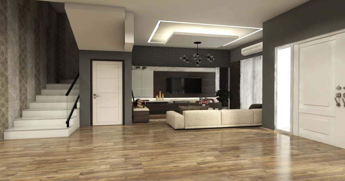 Een luxueuze woonkamer met houten vloer en trap met vinyl trapbekleding met marmerlook. 