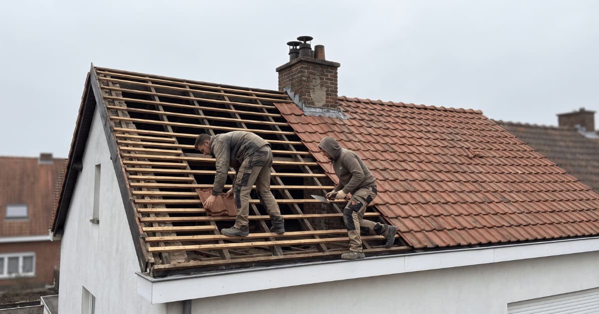 Twee dakwerkers in werkkleding hurken op een hellend dak waarvan de linkerzijde is gestript tot kale houten panlatten terwijl de rechterzijde al bedekt is met bruinrode dakpannen, waarbij de voorste werker een pan op de latten plaatst naast een bakstenen schoorsteen onder een grijze bewolkte hemel met wit gepleisterde gevelmuren en Belgische daken op de achtergrond.