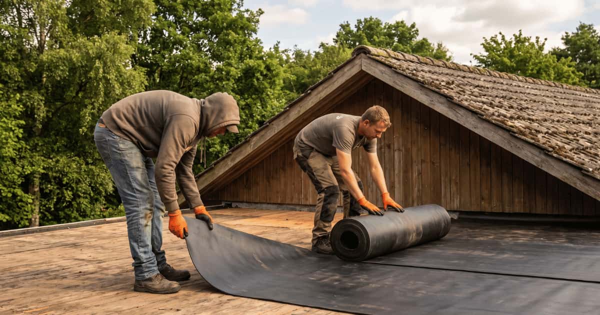 Twee dakwerkers met oranje werkhandschoenen buigen voorover en rollen samen een zwart EPDM dakmembraan uit over een houten dakondergrond terwijl achter hen een houten topgevel met verweerde dakpannen en groene bomen zichtbaar zijn.