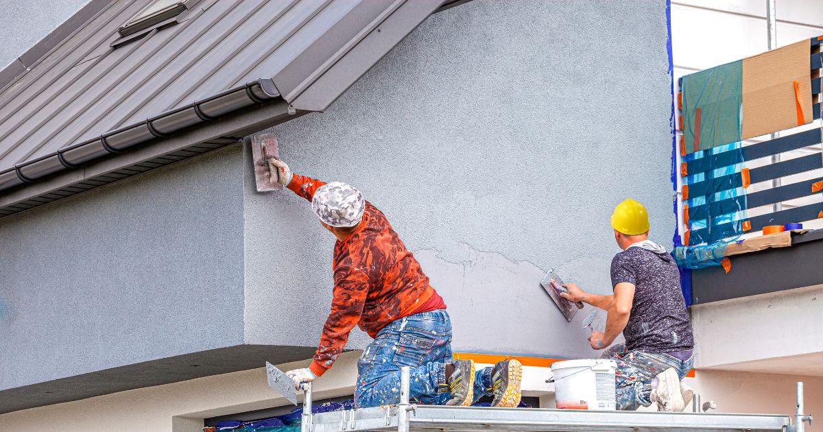 Pleisterwerk door gevelwerkers met hoogtewerker