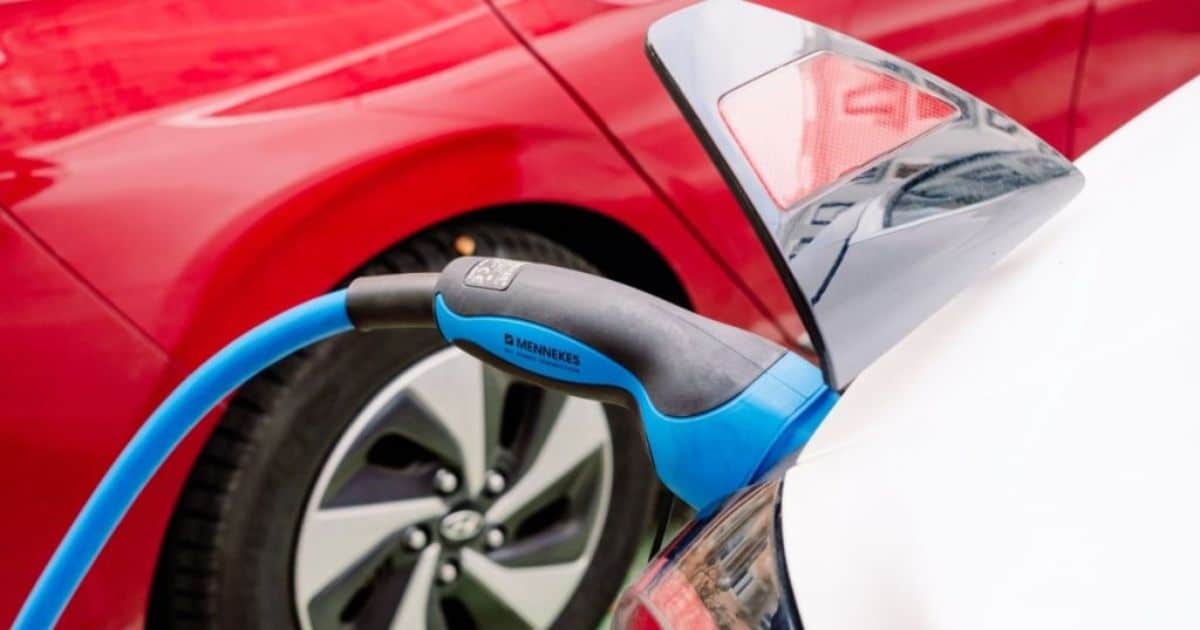 Een blauwe laadkabel verbindt een witte wagen met een Mennekes laadpaal, een hoogwaardig laadpaal voor een schappelijke prijs. Op de achtergrond een rode wagen.