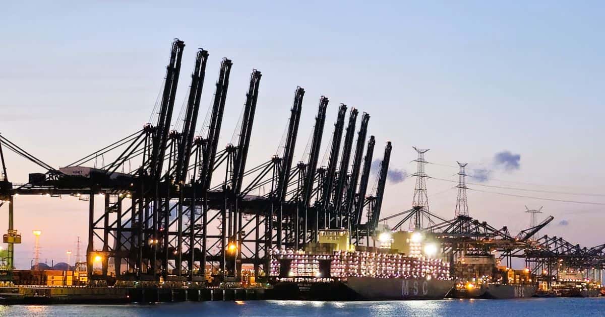 De Antwerpse haven: uitzicht op één van de vele containerterminals. Schepen met containers liggen aangemeerd aan de dokken. Het is valavond en er brandt verlichting op de schepen en in de terminal.