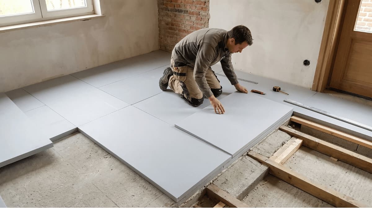 Vakman legt isolatieplaten op een betonvloer tijdens een renovatie in een Belgische woning.