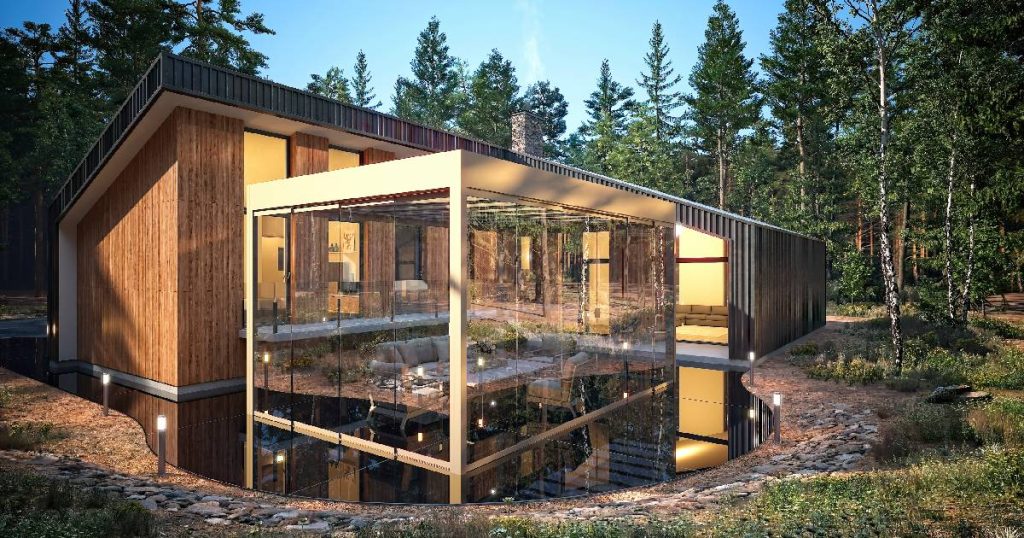 Hypermoderne veranda in verschillende materialen (glas en staal) tegen een moderne houten woning in het bos.