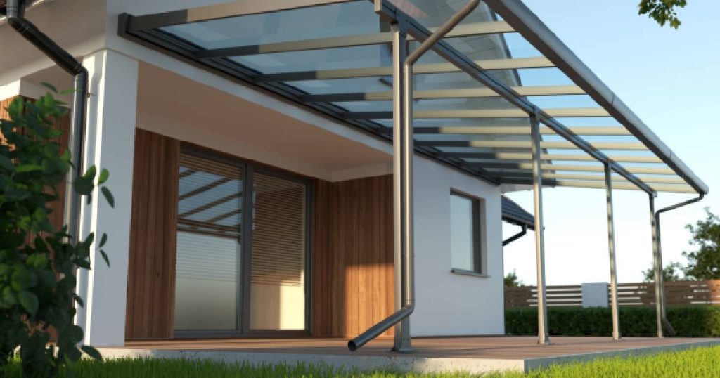 Een moderne veranda of terrasoverkapping uit 2 materialen: staal en glas.