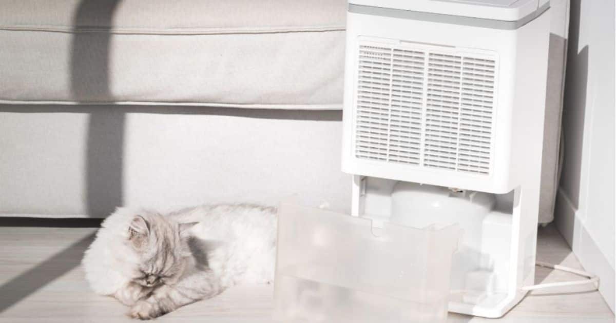 Witte mobiele airco met een opvangbakje voor water dat net voor een witgrijze zetel is geplaatst.