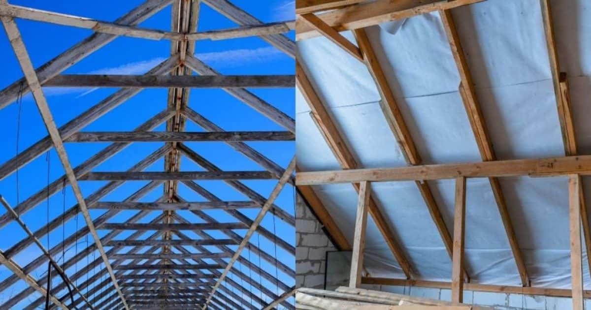 Links een spantendak, met smalle sporen of spanten, rechts een gordingen- of keperdak met gordingen en kepers.