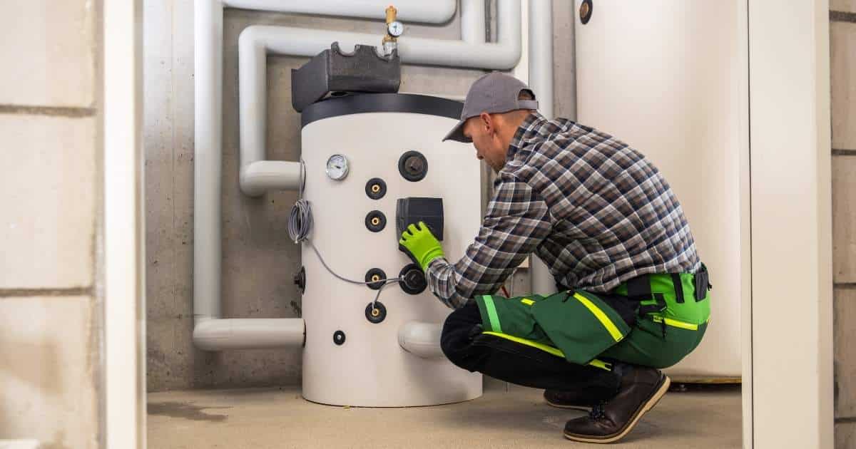 Een erkend installateur in groen-met-zwarte broek, geruit hemd en grijs petje plaatst een nieuwe , cilindervormige verwarmingsketel.