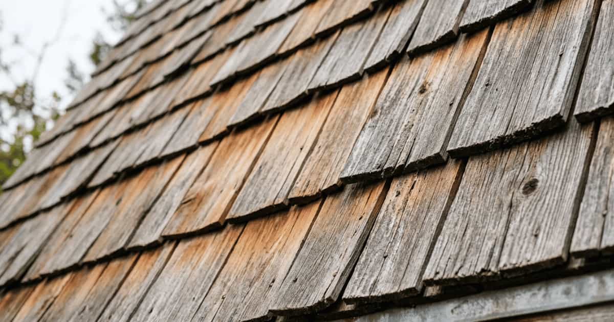 Verweerde houten dakshingles in overlappende rijen op een hellend dak tonen een natuurlijke kleurovergang van honingbruin naar zilvergrijs met zichtbare houtnerf en spijkerkoppen.