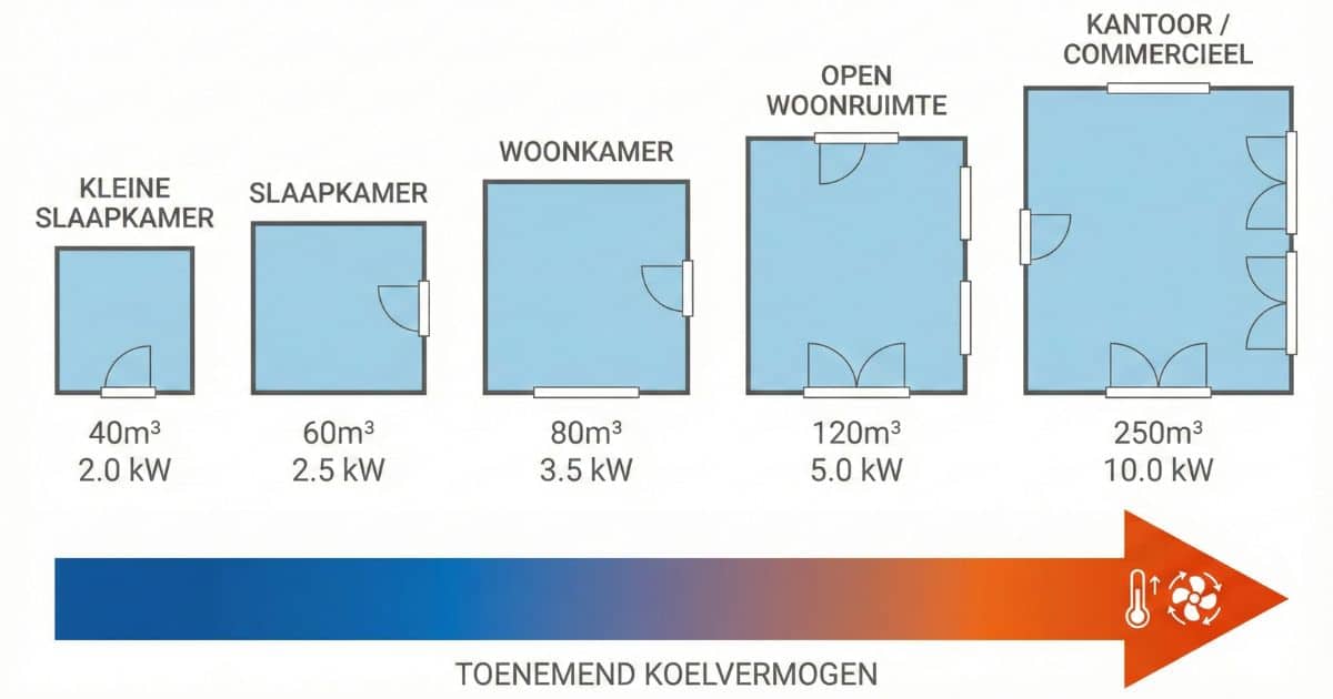 Infographic met vijf plattegronden van klein naar groot die het aanbevolen airco-vermogen per kamergrootte tonen.