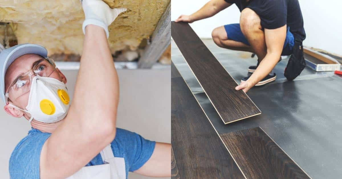 Links: een isolatiespecialist isoleert een plafond met zacht isolatiemateriaal in een metalen raamwerk. Rechts: een specialist werkt een vloer af die net geïsoleerd werd met harde isolatieplaten.