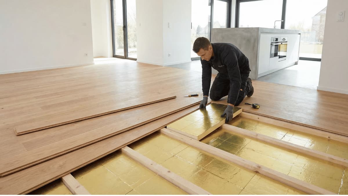 Vakman plaatst PIR-isolatieplaten tussen houten balken onder een eiken vloer in een moderne woning.