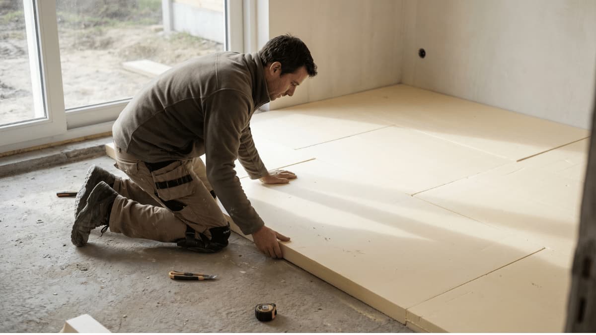 Vakman plaatst stijve isolatieplaten op een betonvloer in een Belgische woning.