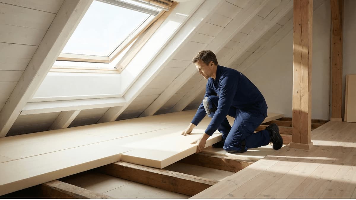 Vakman plaatst stijve isolatieplaten op een lichte zoldervloer in een Belgische woning.