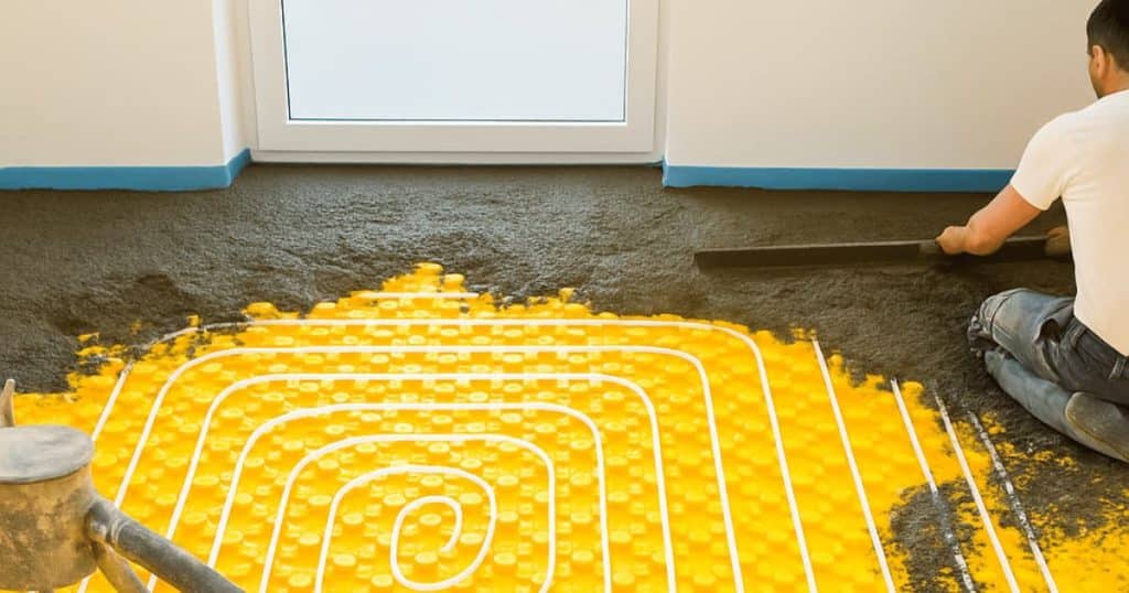Een arbeider strijkt natte chape uit over vloerverwarming op gele isolatieplaten met een pomp en slangen.