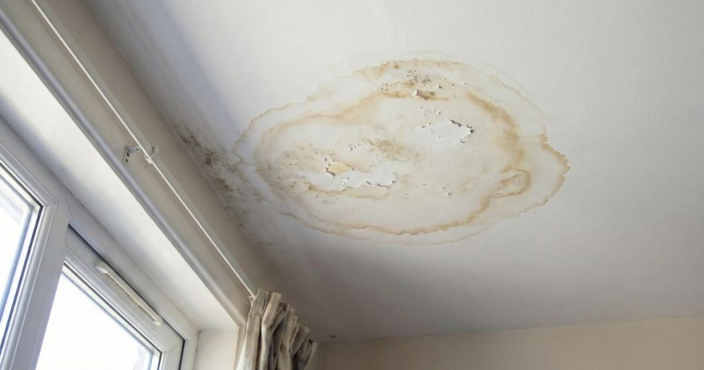Bruine vochtplek en waterschade op een wit plafond veroorzaakt door een verborgen lek dat lekdetectie vereist