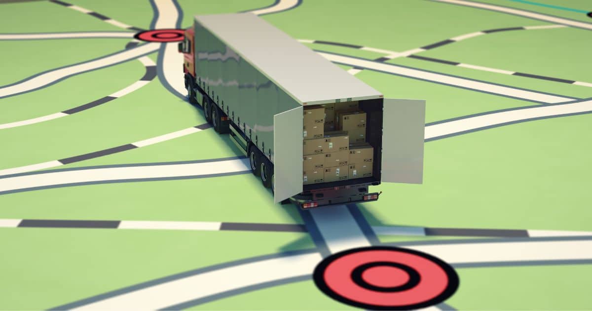Voorstelling van voertuiglokalisatie: een groene kaart met witte straten waarop een grote bestelwagen vol pakketjes van het ene punt (een rode bol) naar het andere rijdt.