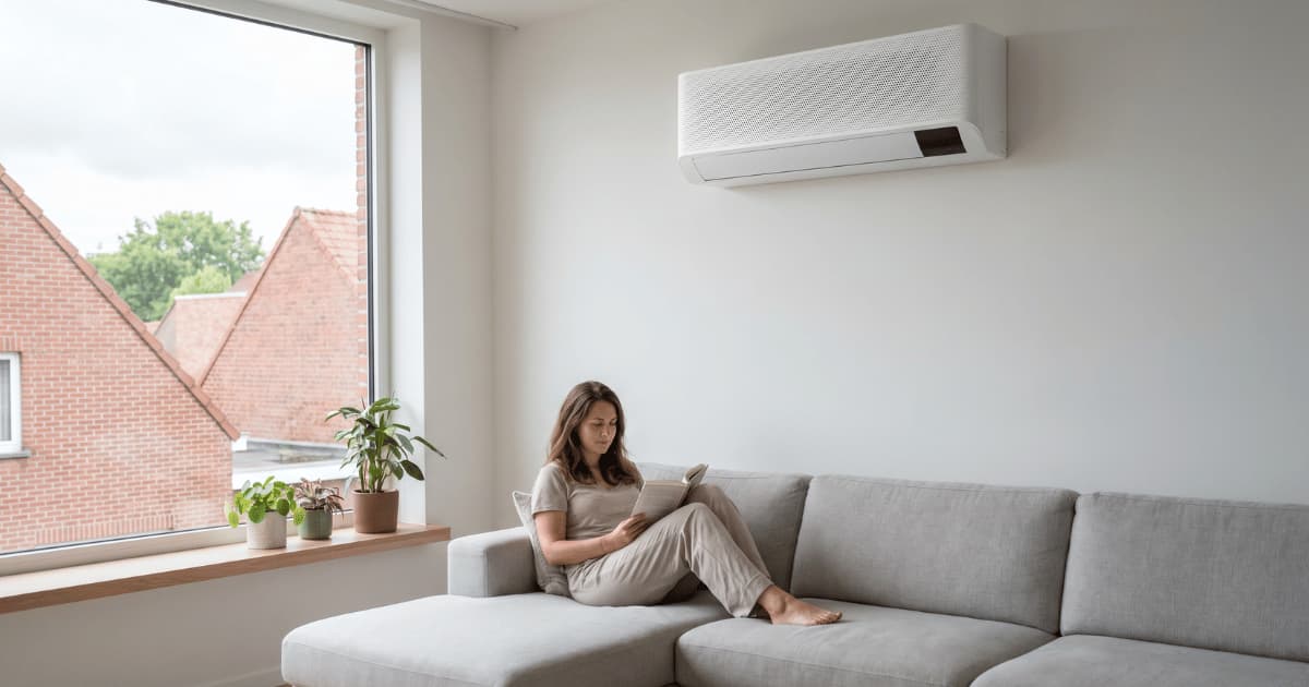 Een vrouw zit ontspannen op een grijze hoekbank en leest een boek onder een witte airco-binnenunit aan de muur, met kamerplanten op de vensterbank en rode bakstenen daken zichtbaar door het grote raam.