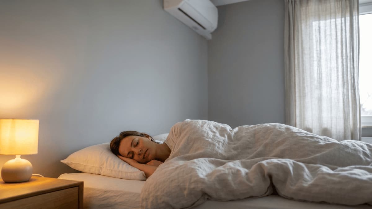 Een vrouw slaapt rustig onder een licht dekbed in een slaapkamer met grijze muren terwijl een warm nachtlampje brandt op het houten nachtkastje en een witte split-airco binnenunit hoog aan de muur bij het raam zichtbaar is.