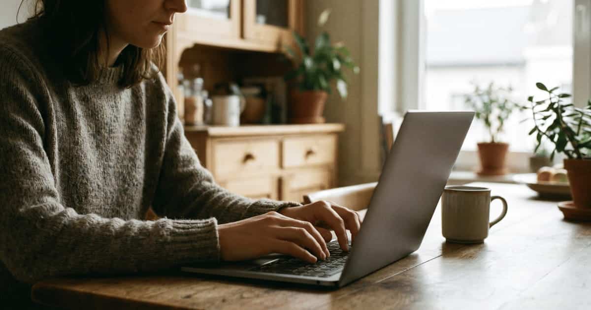 Een vrouw typt op haar laptop aan een houten keukentafel met een koffiemok naast zich in een warme huiselijke keuken met planten en natuurlijk daglicht.