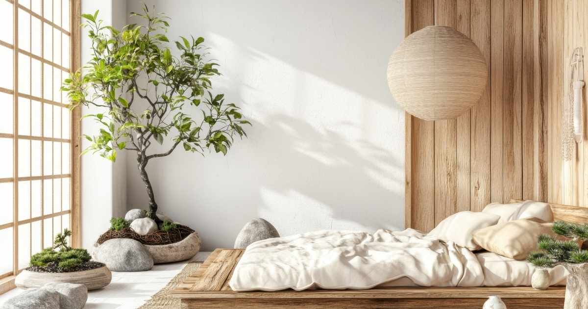 Een slaapkamer in zenstijl met witte wanden, houten elementen en een grote ronde lamp. In de hoek en tegen het grote raam natuurlijke elementen: planten en stenen.