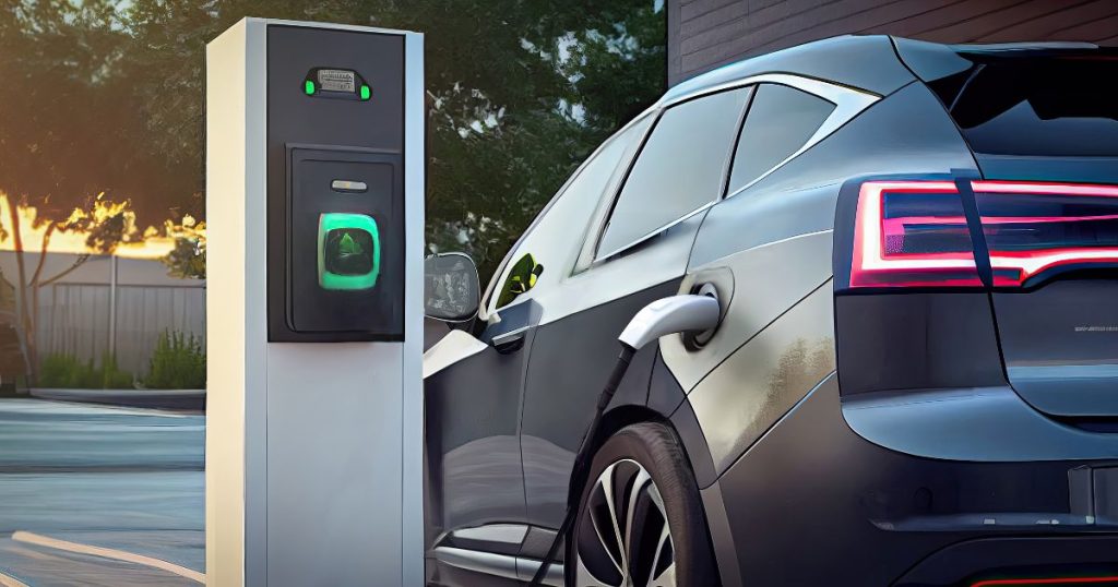 Een donkergrijze elektrische auto naast een bidirectionele laadpaal.