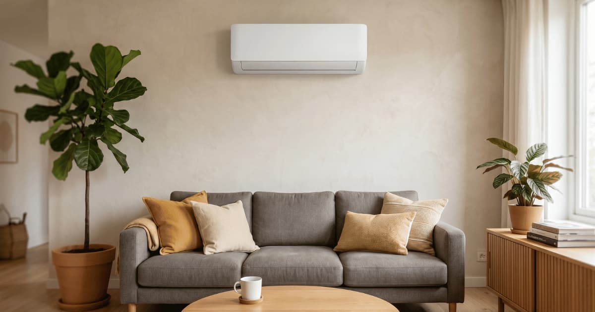 Een witte airco-binnenunit hangt hoog aan een lichtbeige muur boven een grijze driezitsbank met okergele en crèmekleurige kussens in een gezellige woonkamer met kamerplanten en een houten salontafel.