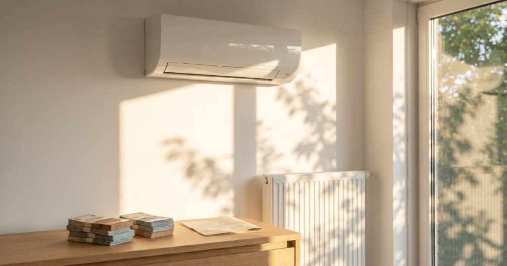 Witte airco binnenunit aan een muur met warme zonlichtschaduwen boven een witte radiator naast een raam terwijl op een houten kast in de voorgrond stapeltjes eurobiljetten en een document liggen.