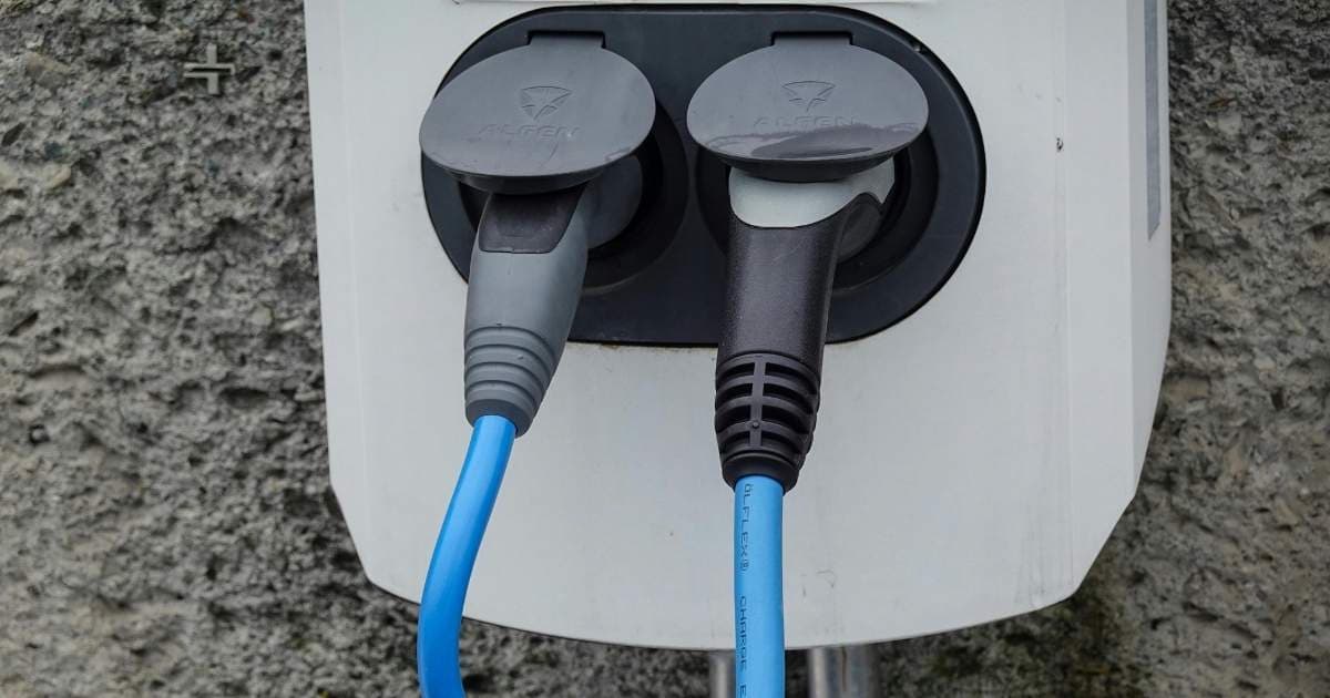 Een witte dubbele laadpaal in wallbox-model. Twee blauwe laadkabels met zwarte koppen zitten aangesloten op de laadpaal.