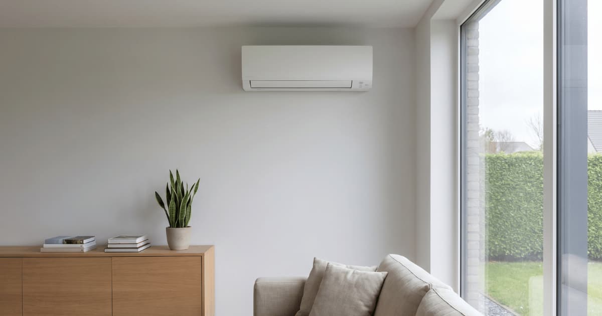 Een compacte witte split-airco binnenunit hangt hoog aan een lichtgrijze muur in een moderne woonkamer met een beige bank, een eikenhouten dressoir met plant en boeken, en een groot raam met uitzicht op een groene tuin.