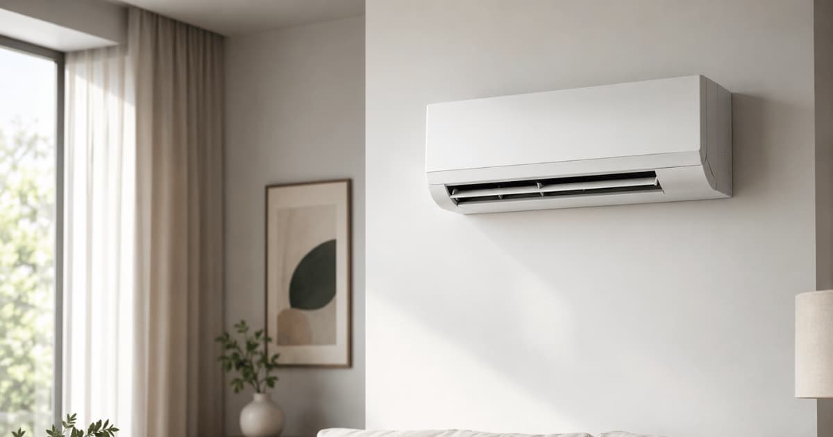 Een witte split-airco binnenunit met geopende horizontale lamellen hangt hoog aan een lichtgrijze muur in een stijlvol ingerichte kamer met beige gordijnen, een ingelijste kunstprint en een vaasje met groen op de achtergrond.