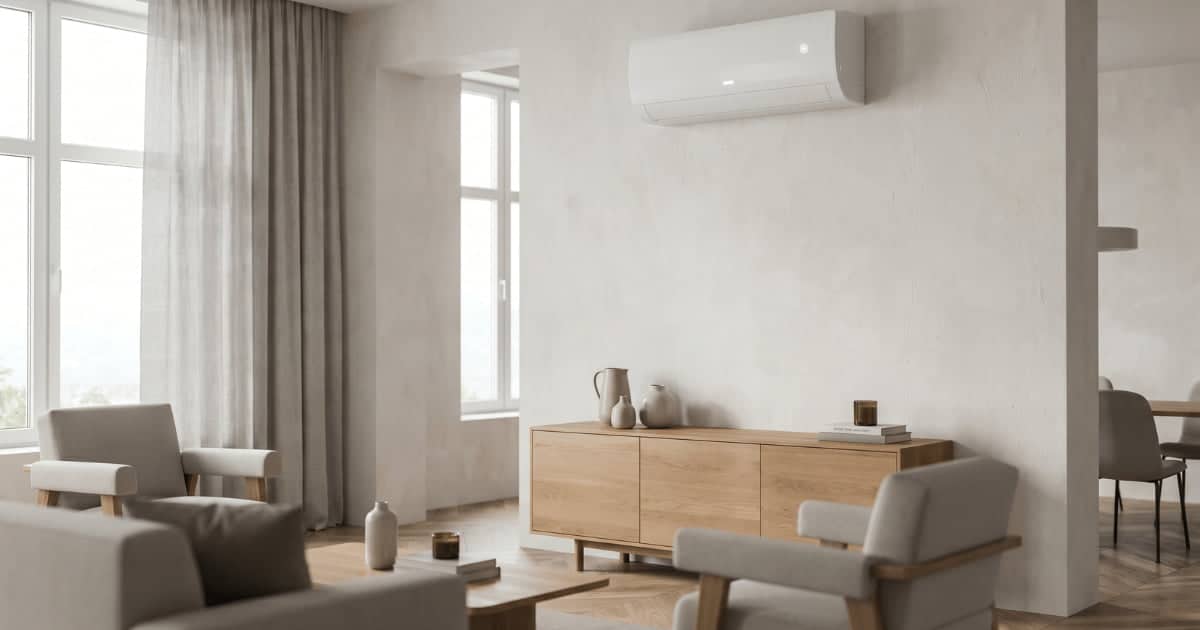 Een witte wandgemonteerde split-airco hangt boven een houten dressoir in een moderne woonkamer met grijze fauteuils, parketvloer en grote ramen met linnen gordijnen.
