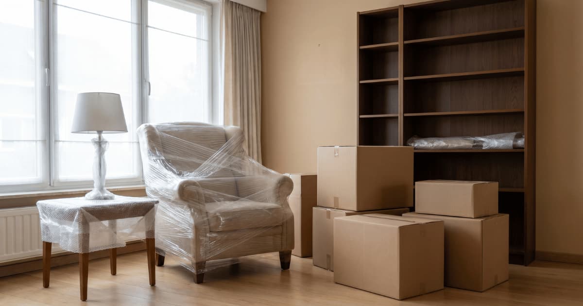 Een woonkamer klaar voor verhuis toont een fauteuil en bijzettafel strak ingepakt in doorzichtige krimpfolie, gestapelde kartonnen dozen op de lichte houten vloer en een grotendeels lege donkere houten boekenkast tegen de beige muur terwijl zacht daglicht door het grote raam met beige gordijnen naar binnen valt.